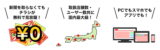 新聞を取らなくてもチラシが無料で見放題！／取扱店舗数・ユーザー数共に国内最大級！／PCでもスマホでもアプリでもテレビでも！