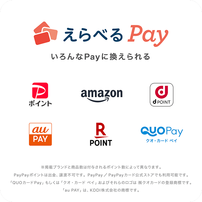えらべるPay いろんなPayに換えられる 掲載ブランドと商品数は付与されるポイント数によって異なります。/PayPayポイントは出金、譲渡不可です。PayPay／PayPayカード公式ストアでも利用可能です。/「QUOカードPay」もしくは「クオ・カード ペイ」およびそれらのロゴは(株)クオカードの登録商標です。/「au PAY」は、KDDI株式会社の商標です。